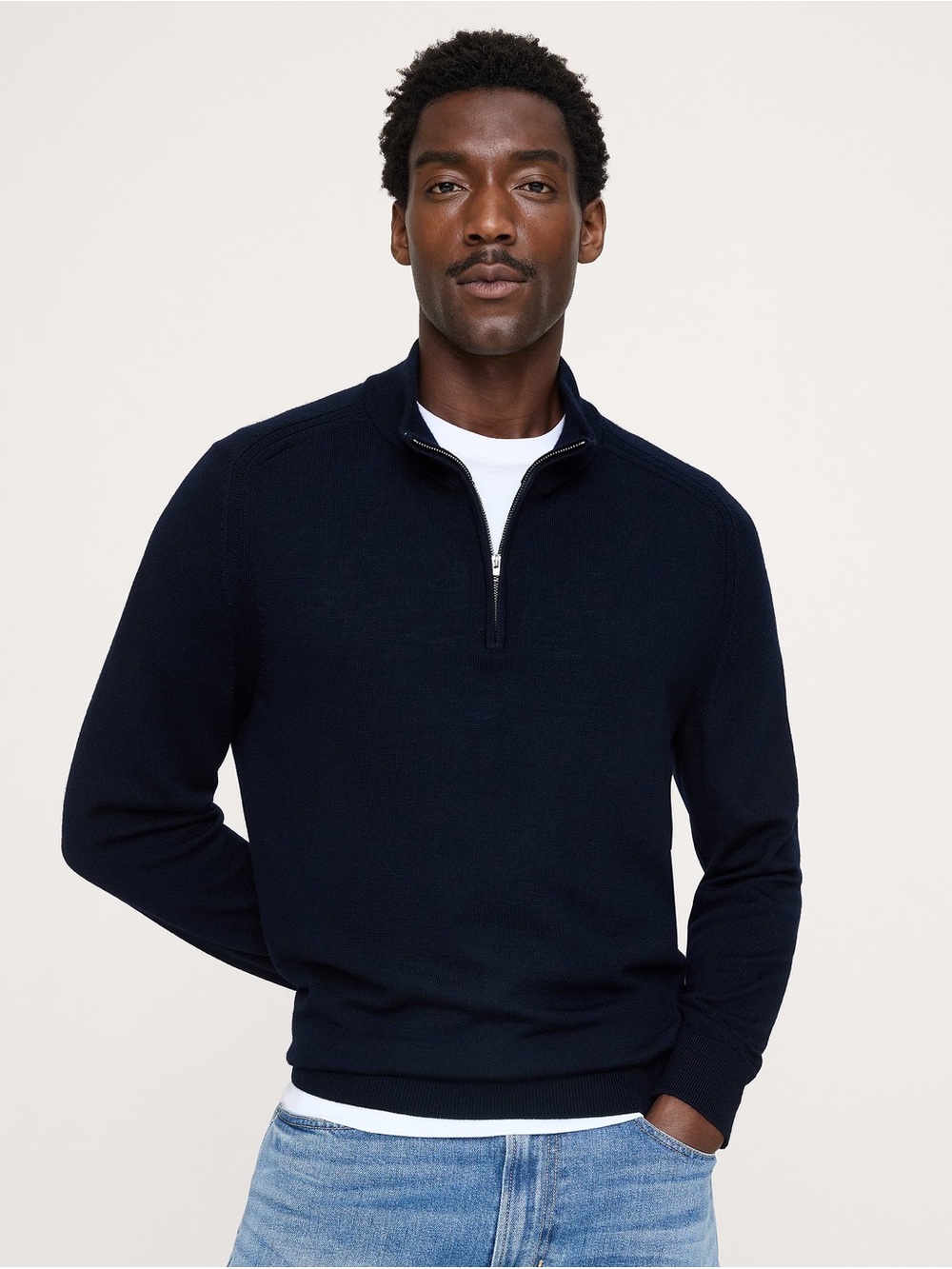 💙 Banana Republic Men Sweater 100% Extra Fine Merino Wool Navy Quarter Zip M EUC